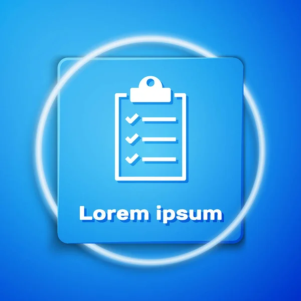 Presse-papiers blanc avec icône de liste de vérification isolée sur fond bleu. Bouton carré bleu. Illustration vectorielle — Image vectorielle