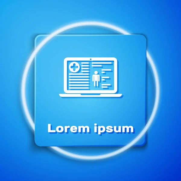 Білий медичний клінічний рекорд на ноутбуці значок ізольований на синьому фоні. Форма медичного страхування. Рецепт, медична перевірка відзначає звіт. Синя квадратна кнопка. Векторна ілюстрація — стоковий вектор