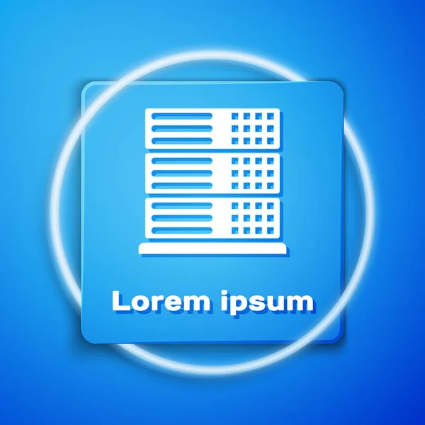 Serveur blanc, données, icône Hébergement Web isolé sur fond bleu. Bouton carré bleu. Illustration vectorielle — Image vectorielle