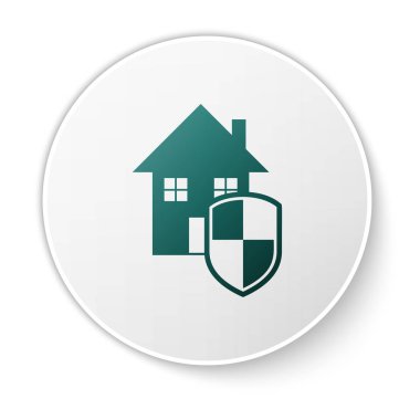 Beyaz arka plan üzerinde izole koruma simgesi altında Yeşil Ev. Ev ve kalkan. Koruma, güvenlik, güvenlik, koruma, savunma konsepti. Beyaz daire düğmesi. Vektör İllüstrasyonu
