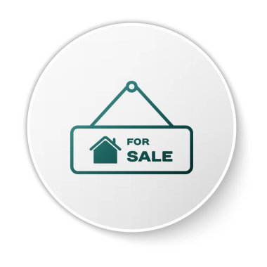 Beyaz arka planda yalıtılmış satılık simgesi ile Yeşil Asılı işareti. Satılık metin li tabela. Beyaz daire düğmesi. Vektör İllüstrasyonu