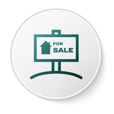 Beyaz arka planda yalıtılmış satılık simgesi ile Yeşil Asılı işareti. Satılık metin li tabela. Beyaz daire düğmesi. Vektör İllüstrasyonu