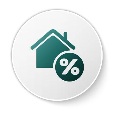 Beyaz arka planda izole percant indirim etiketi simgesi ile Yeşil Ev. Ev yüzdesi işaret fiyatı. Emlak evi. Kredi yüzdesi sembolü. Beyaz daire düğmesi. Vektör İllüstrasyonu