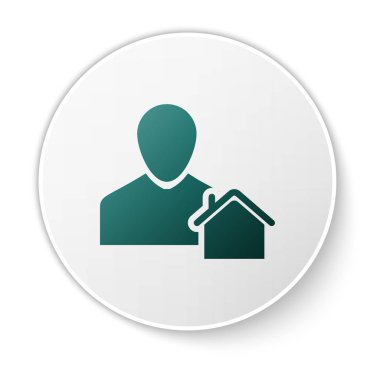 Yeşil Emlakçı simgesi beyaz arka plan üzerinde izole. Ev alıyorum. Beyaz daire düğmesi. Vektör İllüstrasyonu