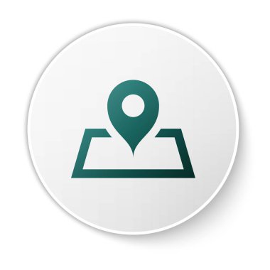 Beyaz arka planda yalıtılmış perspektif simgesinde harita kağıdındaki Yeşil Yer Tutucu. Beyaz daire düğmesi. Vektör İllüstrasyonu