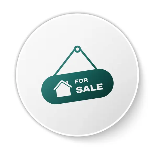 Green Signo colgante con texto en venta icono aislado sobre fondo blanco. Letrero con texto en venta. Botón círculo blanco. Ilustración vectorial — Vector de stock