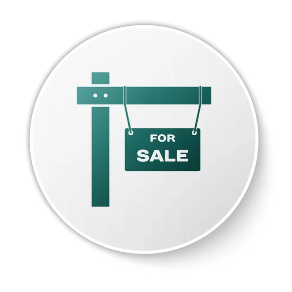 Zelený předsazený znak s textem pro prodejní ikonu izolovaný na bílém pozadí. Tabule s textem na prodej. Tlačítko Bílého kruhu. Vektorová ilustrace — Stockový vektor
