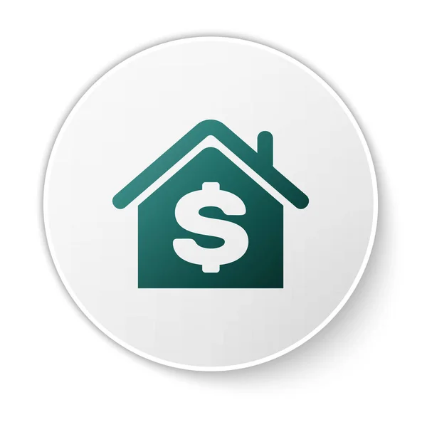 Зеленый дом с символом доллара, выделенным на белом фоне. Дом и деньги. Концепция недвижимости. Кнопка белого круга. Векторная миграция — стоковый вектор