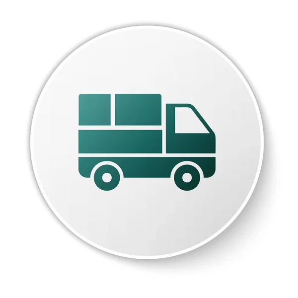 Camión de entrega verde con cajas de cartón detrás del icono aislado sobre fondo blanco. Botón círculo blanco. Ilustración vectorial — Archivo Imágenes Vectoriales