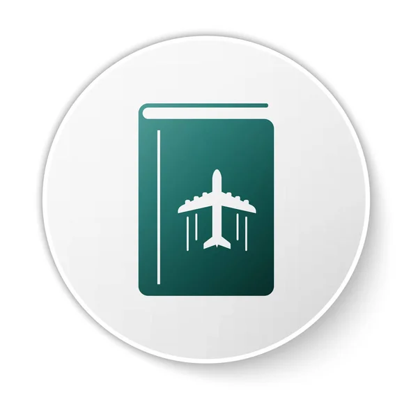 Grünes Cover-Buch Reiseführer-Symbol isoliert auf weißem Hintergrund. weißer Kreis-Knopf. Vektorillustration — Stockvektor
