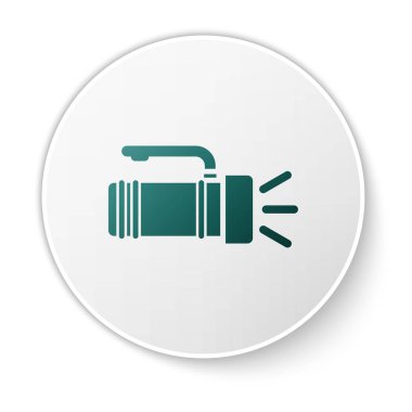 Yeşil El Feneri simgesi beyaz arka planda yalıtılmış. Turist el feneri sapı. Beyaz daire düğmesi. Vektör İllüstrasyonu