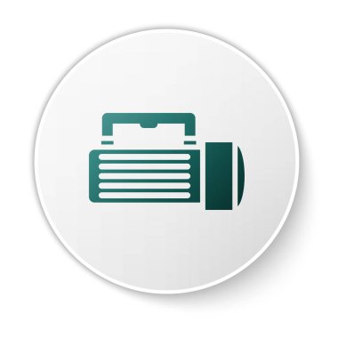 Yeşil El Feneri simgesi beyaz arka planda yalıtılmış. Turist el feneri sapı. Beyaz daire düğmesi. Vektör İllüstrasyonu