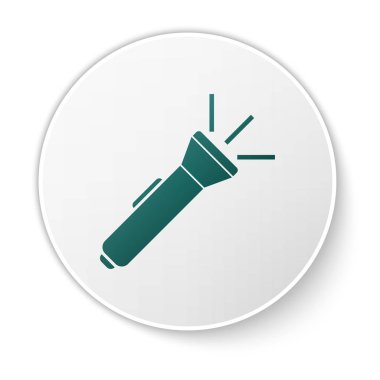 Yeşil El Feneri simgesi beyaz arka planda yalıtılmış. Beyaz daire düğmesi. Vektör İllüstrasyonu