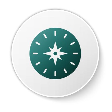 Yeşil Pusula simgesi beyaz arka planda yalıtılmış. Windrose navigasyon sembolü. Rüzgar gülü işareti. Beyaz daire düğmesi. Vektör İllüstrasyonu