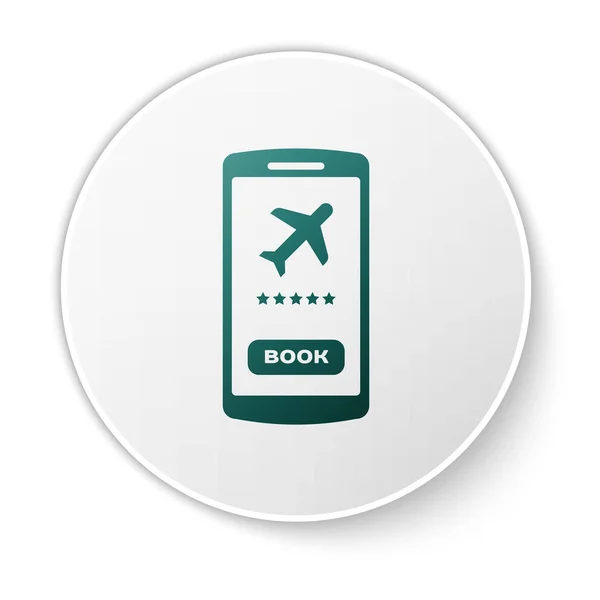 Grünes Smartphone mit elektronischem Bordkartensymbol auf weißem Hintergrund. Handyticket für das Passagierflugzeug für Web und App. weißer Kreis-Knopf. Vektorillustration — Stockvektor