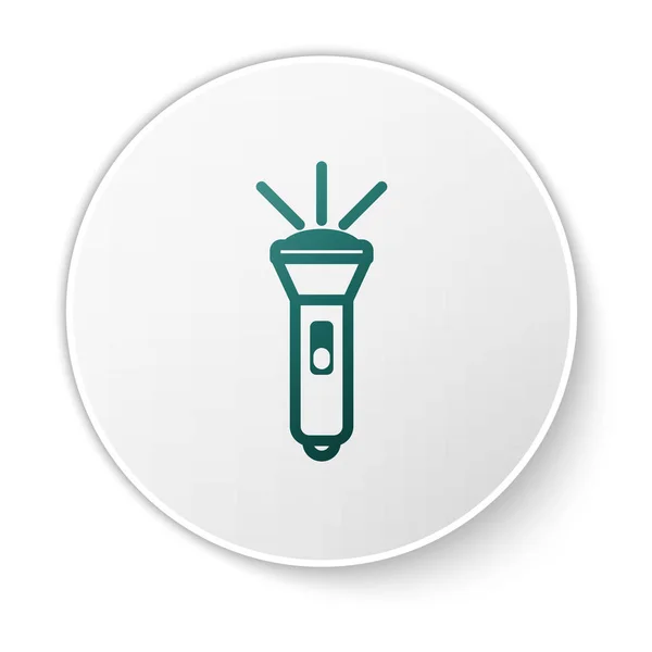 緑色の懐中電灯アイコンは、白い背景に分離されています。白い円のボタン。ベクトルイラストレーション — ストックベクタ