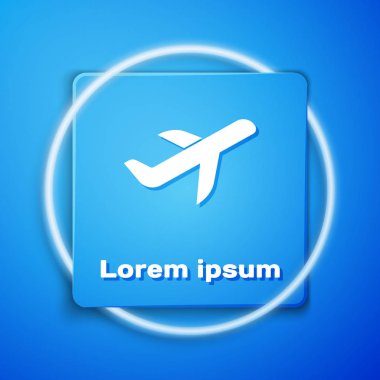 Mavi arka planda yalıtılmış Beyaz Düzlem simgesi. Uçan uçak simgesi. Uçak işareti. Mavi kare düğmesi. Vektör İllüstrasyonu