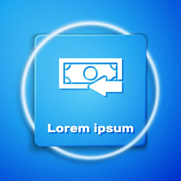 Біла піктограма повернення готівки ізольована на синьому фоні. Фінансові послуги, повернення грошей, повернення інвестицій, ощадний рахунок, обмін валюти. Блакитна квадратна кнопка. Векторна ілюстрація — стоковий вектор