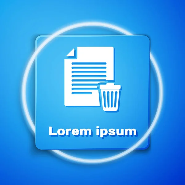 Bílá odstranění dokumentu souboru ikona izolované na modrém pozadí. List papíru se znakem odpadkového koše. Ikona odmítnutého dokumentu. Kříž na papíře. Modré čtvercové tlačítko. Vektorová ilustrace — Stockový vektor