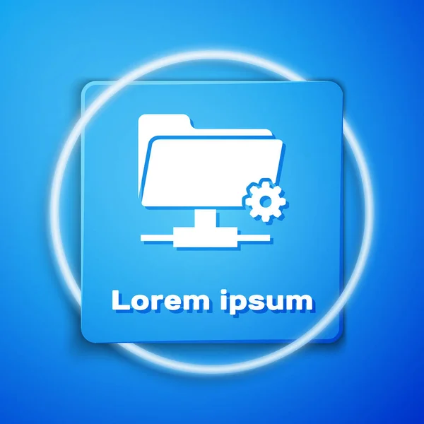 Біла піктограма теки параметрів FTP ізольована на синьому фоні. Оновлення програмного забезпечення, протокол передачі, маршрутизатор, управління командними інструментами, процес копіювання. Блакитна квадратна кнопка. Векторна ілюстрація — стоковий вектор