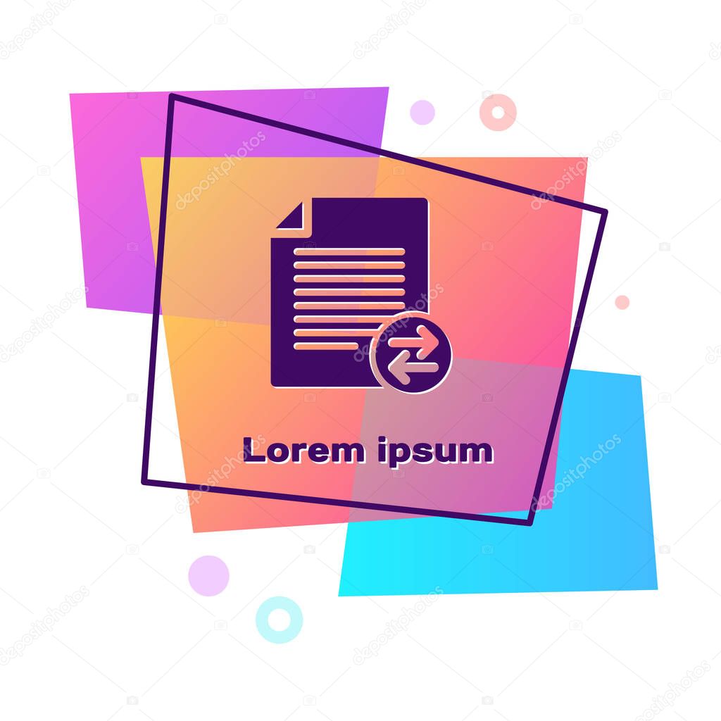 Purple Transfer files icon isolated on white background. Copy files, data exchange, backup, PC migration, file sharing concepts. Color rectangle button. Vector Illustration