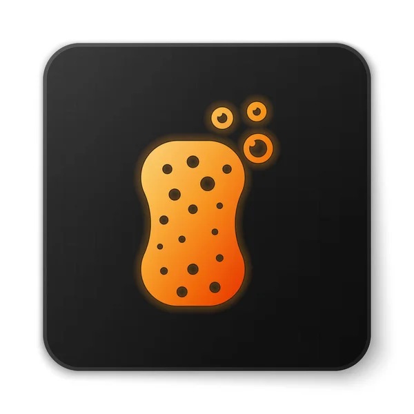 Esponja naranja brillante con burbujas icono aislado sobre fondo blanco. Wisp de pan para lavar los platos. Servicio de limpieza logo. Botón cuadrado negro. Ilustración vectorial — Vector de stock