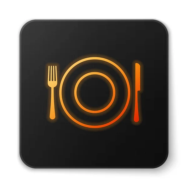 Orange glowing Plate, fork and knife icon isolated on white background. Cutlery symbol. Restaurant sign. Black square button. Vector Illustration — Stock Vector