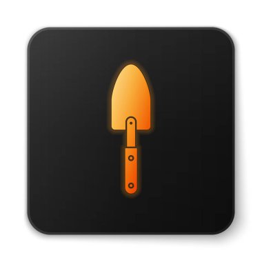 Turuncu parlayan Bahçe mala maça veya kürek simgesi beyaz arka plan üzerinde izole. Bahçıvanlık aleti. Bahçecilik, tarım, tarım için bir araç. Siyah kare düğme. Vektör İllüstrasyonu