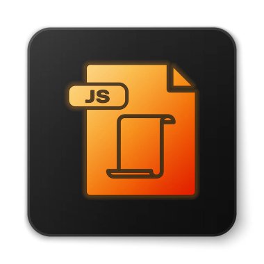 Turuncu parlayan neon Js dosya belgesi. Beyaz arka planda yalıtılmış js düğme simgesini indirin. Js dosya sembolü. Siyah kare düğme. Vektör İllüstrasyonu