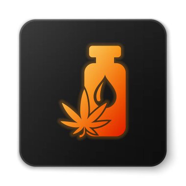 Beyaz arka planda izole edilmiş turuncu parıldayan neon rengi tıbbi marihuana veya kenevir yaprağı zeytinyağı damlası ikonu. Esrar özütü. Kenevir sembolü. Siyah kare düğme. Vektör İllüstrasyonu