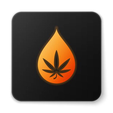 Beyaz arka planda izole edilmiş turuncu parıldayan neon rengi tıbbi marihuana veya kenevir yaprağı zeytinyağı damlası ikonu. Esrar özütü. Kenevir sembolü. Siyah kare düğme. Vektör İllüstrasyonu