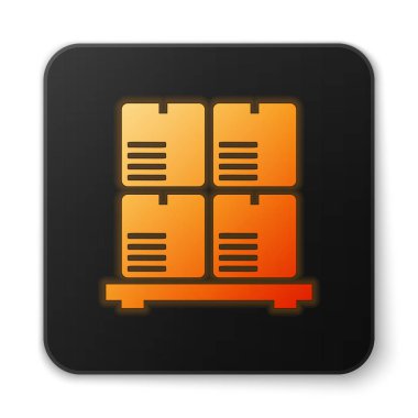 Turuncu parlayan neon Karton kutular palet simgesi beyaz arka plan üzerinde izole. Kırılgan işaretleri ile kapalı karton teslimat ambalaj kutusu. Siyah kare düğme. Vektör İllüstrasyonu