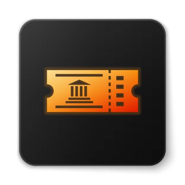 Turuncu parlayan neon Müzesi bilet simgesi beyaz arka plan üzerinde izole. Tarih müzesi bilet kupon olay sergi gezi itiraf. Siyah kare düğme. Vektör İllüstrasyonu