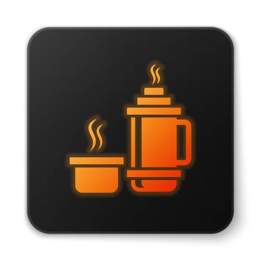 Turuncu parlayan neon Thermos konteyner simgesi beyaz arka plan üzerinde izole. Termo şişe simgesi. Kamp ve yürüyüş ekipmanları. Siyah kare düğme. Vektör İllüstrasyonu