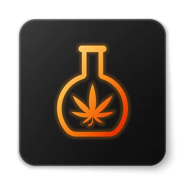 Orange glödande Neon kemisk provrör med marijuana eller cannabis Leaf Icon isolerad på vit bakgrund. Forskningskoncept. Laboratorium CBD olja koncept. Svart fyrkantig knapp. Vektor illustration — Stock vektor