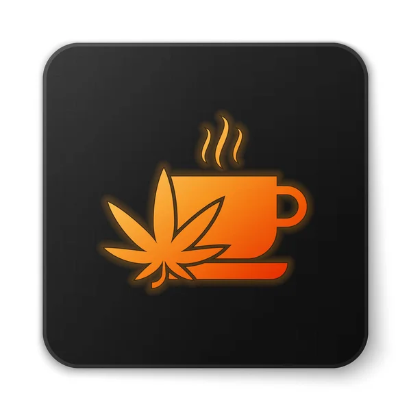 Orange glowing neon Cup tea with marijuana or cannabis leaf icon isolated on white background. Marijuana legalization. Hemp symbol. Black square button. Vector Illustration — Stock Vector