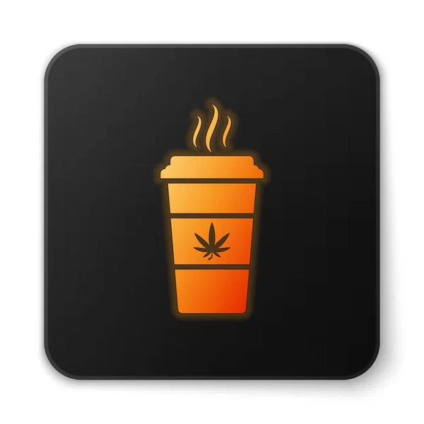 Caffè al neon incandescente arancione con icona di marijuana o foglie di cannabis isolata su sfondo bianco. Legalizzazione della marijuana. Simbolo di canapa. Pulsante quadrato nero. Illustrazione vettoriale — Vettoriale Stock