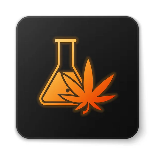 Orange glowing neon Chemical test tube with marijuana or cannabis leaf icon isolated on white background. Research concept. Laboratory CBD oil concept. Black square button. Vector Illustration — Stock Vector