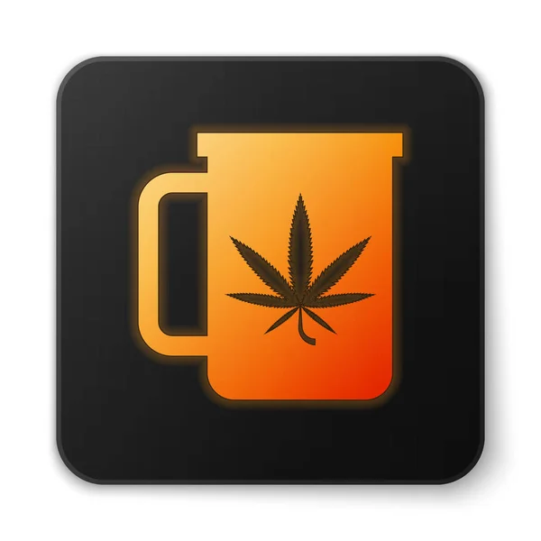 Orange leuchtende Neon-Tasse Tee mit Marihuana oder Cannabis-Blatt-Symbol isoliert auf weißem Hintergrund. Marihuana-Legalisierung. Hanf-Symbol. schwarzer quadratischer Knopf. Vektorillustration — Stockvektor