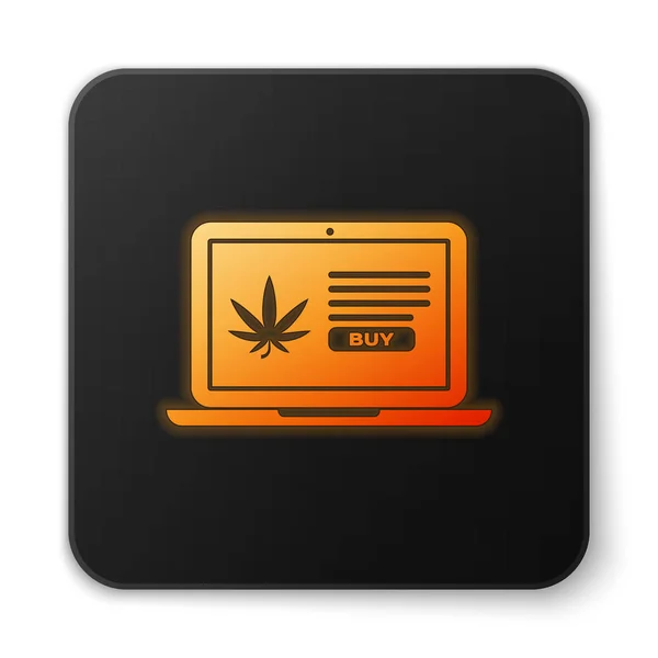 Laptop fluorescente arancione al neon e marijuana medica o icona di foglie di cannabis isolate su sfondo bianco. Simbolo di acquisto online. Cesto del supermercato. Pulsante quadrato nero. Illustrazione vettoriale — Vettoriale Stock