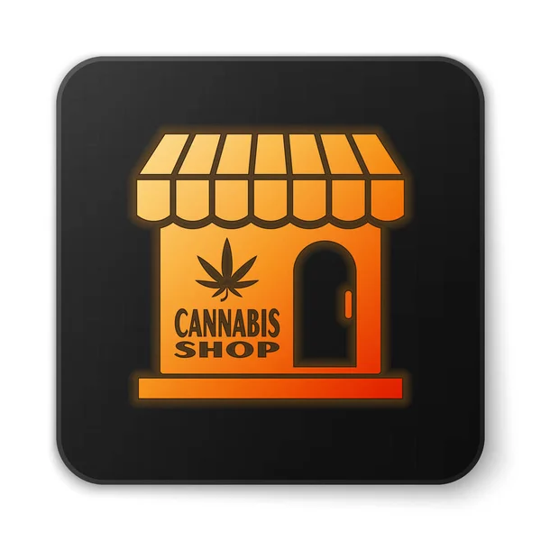 橙色发光的霓虹灯大麻和大麻商店图标孤立在白色背景。用于吸烟、储存医用大麻的设备和配件。黑色方形按钮。矢量插图 — 图库矢量图片