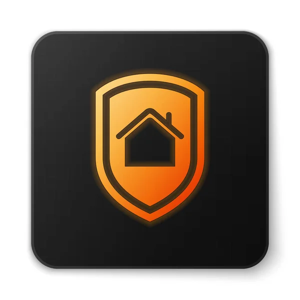 Oranžově zářící dům pod ikonou ochrany izolovaná na bílém pozadí. Domov a štít. Ochrana, bezpečnost, bezpečnost, ochrana, koncepce obrany. Černé čtvercové tlačítko. Vektorová ilustrace — Stockový vektor