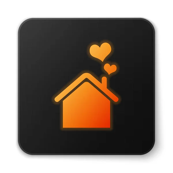 Maison au néon brillant orange avec icône en forme de coeur isolé sur fond blanc. Symbole d'amour. Famille, immobilier et immobilier. Bouton carré noir. Illustration vectorielle — Image vectorielle