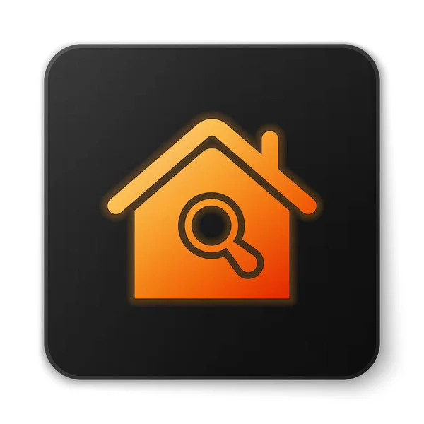 Πορτοκαλί λαμπερό είδωλο του σπιτιού αναζήτηση σπίτι απομονωθεί σε λευκό φόντο. Ακίνητο σύμβολο ενός σπιτιού κάτω από μεγεθυντικό φακό. Μαύρο τετράγωνο κουμπί. Απεικόνιση διανυσματικών φορέων — Διανυσματικό Αρχείο