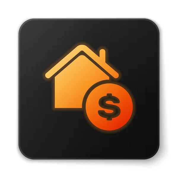 Naranja brillante casa de neón con símbolo de dólar icono aislado sobre fondo blanco. Hogar y dinero. Concepto inmobiliario. Botón cuadrado negro. Ilustración vectorial — Vector de stock