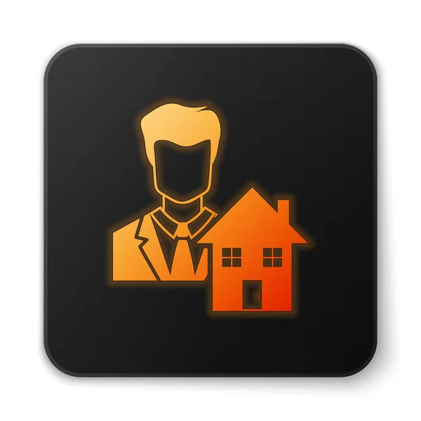 Πορτοκαλί λαμπερό είδωλο κτηματομεσίτη απομονωμένο σε λευκό φόντο. Αγοράζω σπίτι. Μαύρο τετράγωνο κουμπί. Απεικόνιση διανυσματικών φορέων — Διανυσματικό Αρχείο