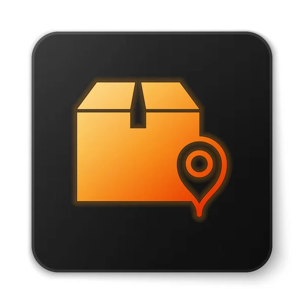 Localización de neón brillante naranja con icono de caja de cartón aislado sobre fondo blanco. Servicios de entrega, logística y transporte, reubicación, distribución. Botón cuadrado negro. Ilustración vectorial — Vector de stock