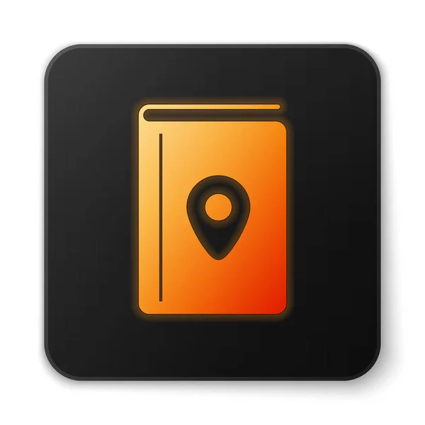 Orange néon brillant Livre de couverture icône guide de voyage isolé sur fond blanc. Bouton carré noir. Illustration vectorielle — Image vectorielle