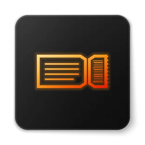 Orangefarbenes, leuchtendes neonfarbenes Ticket-Symbol auf weißem Hintergrund. schwarzer quadratischer Knopf. Vektorillustration — Stockvektor