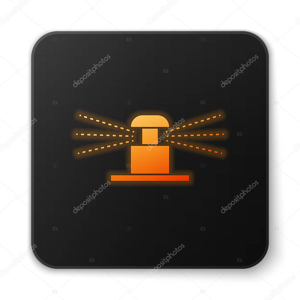 Orange glowing Automatic irrigation sprinklers icon isolated on white background. Watering equipment. Garden element. Spray gun icon. Black square button. Vector Illustration